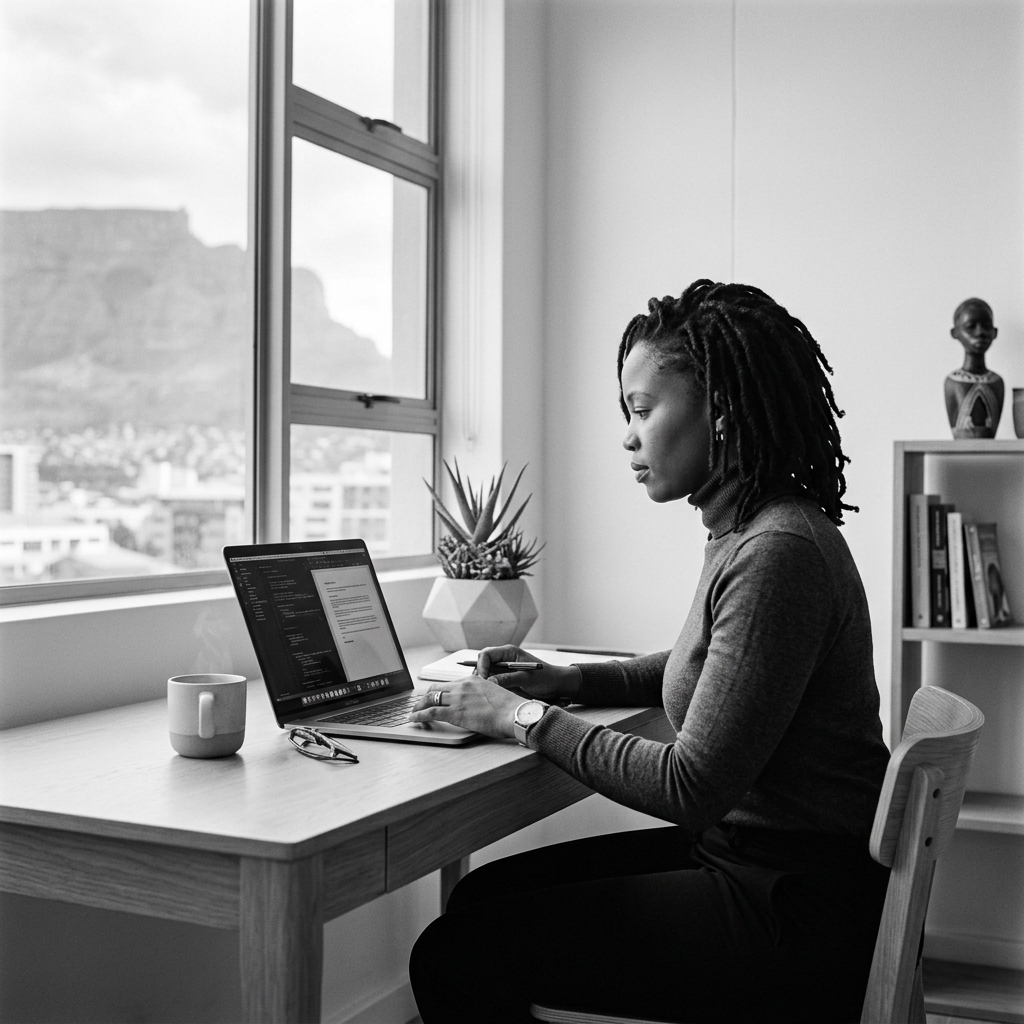 Email Strategy: Black professional focused on laptop in light-filled modern space